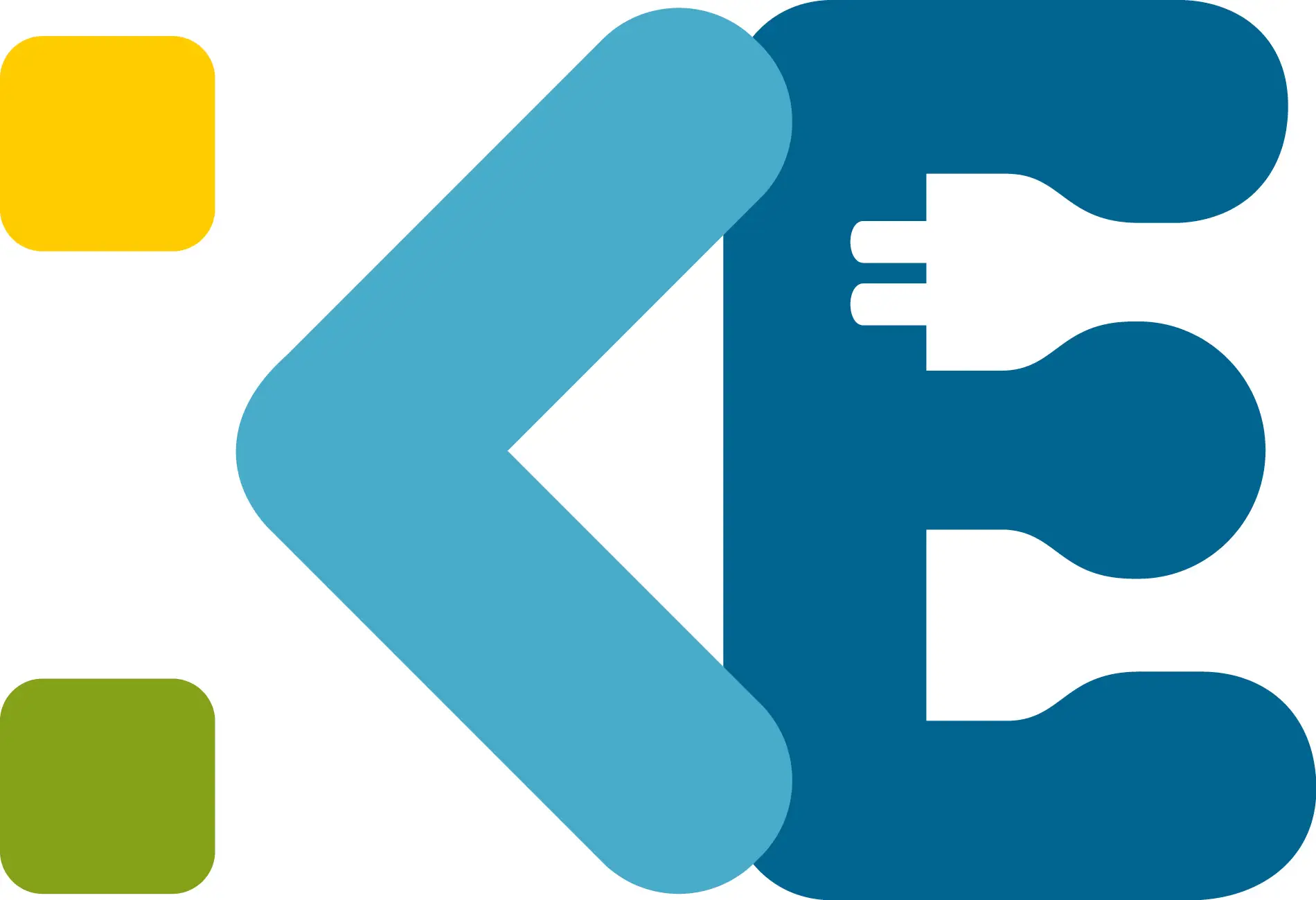 Logo Knappmeier Elektrotechnik - auf weißem Hintergrund: links ein großer hellblauer Pfeil nach links, rechts ein dunkles, stilisiertes „E“ mit drei Rundungen sowie gelbes und grünes Quadrat in den Ecken.
